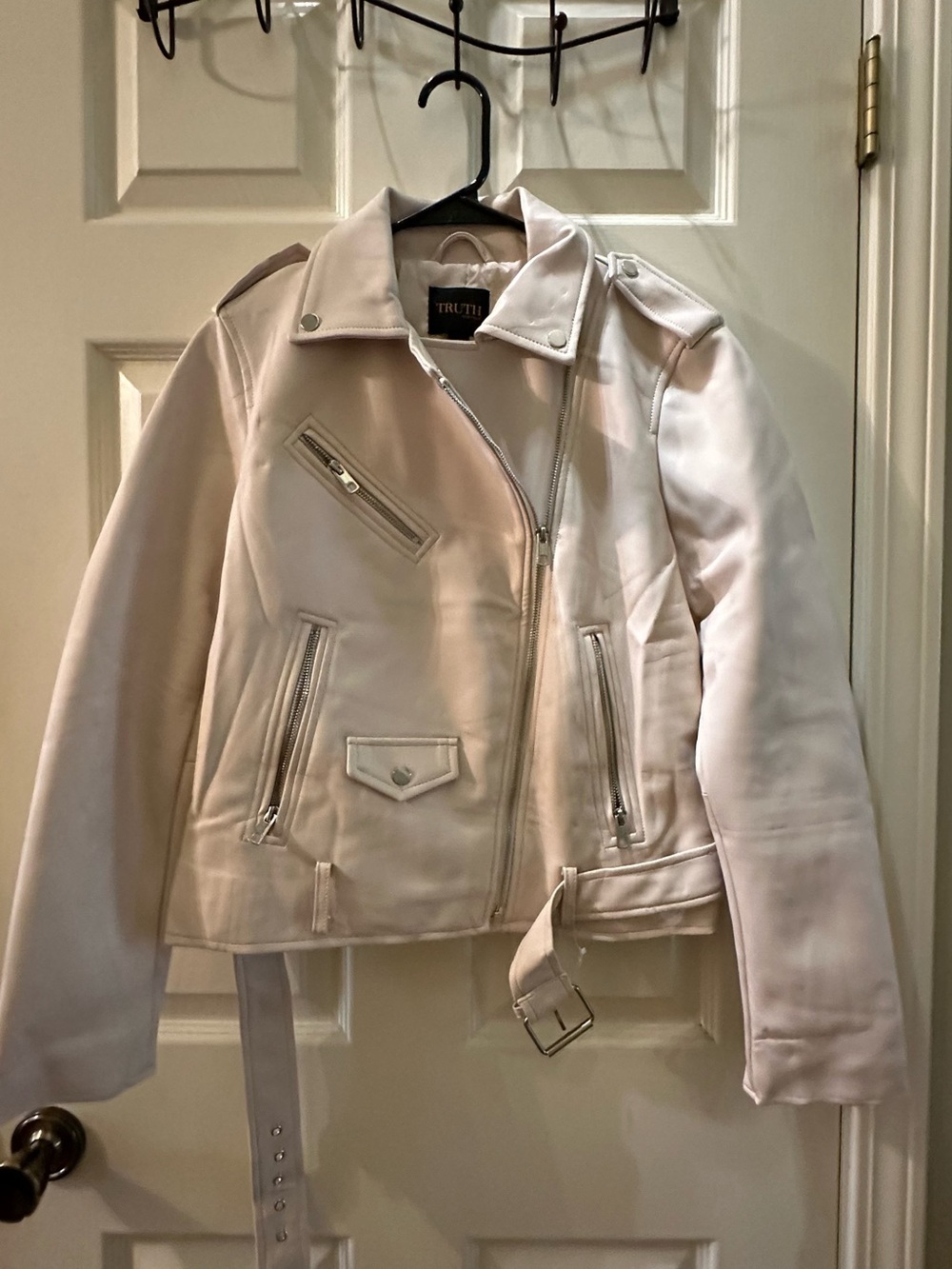 Truth Cream Faux Leather Moto Jacket with Belt